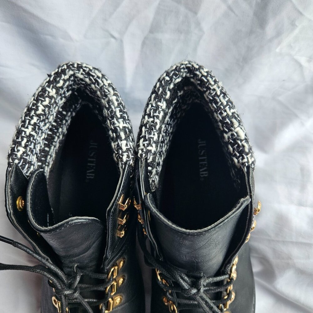 JustFab Women’s Rayln Lace-Up Black Chunky Boot‎ 90’s Fashion Shoes Plaid Detail - Picture 6 of 11